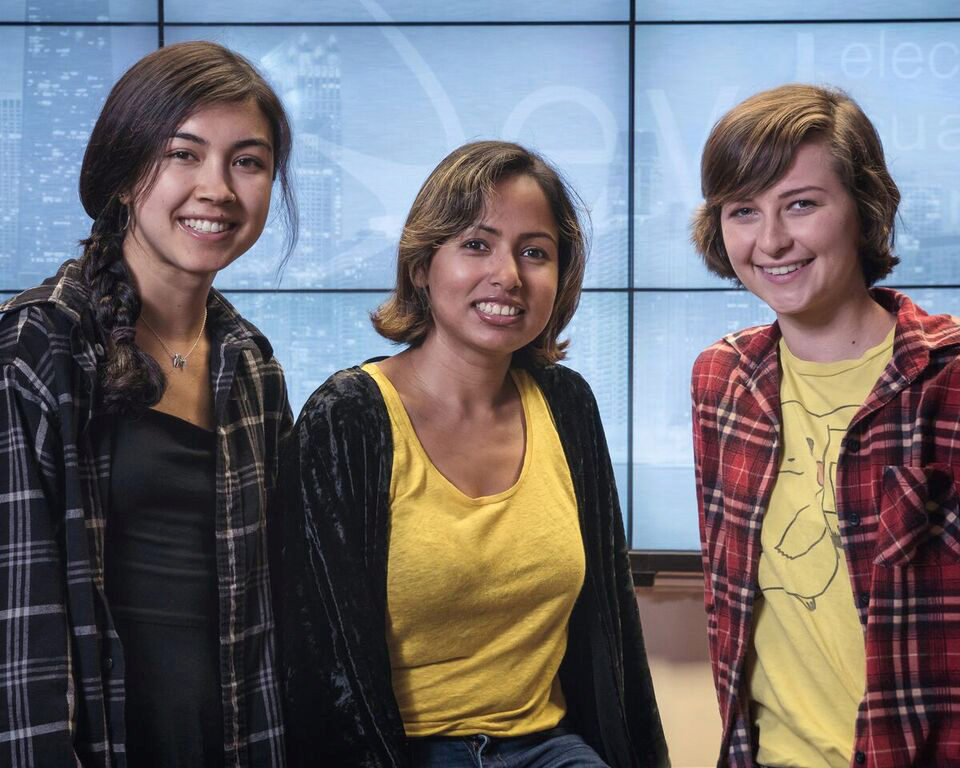 DREU students Mariko Kamiya (left), Taylor Day (right) with faculty mentor Debaleena Chattopadhyay, UIC Computer Science/EVL assistant professor (center); project "Understanding Accessibility of Touchscreen Maps for Older Adults,” Summer 2017